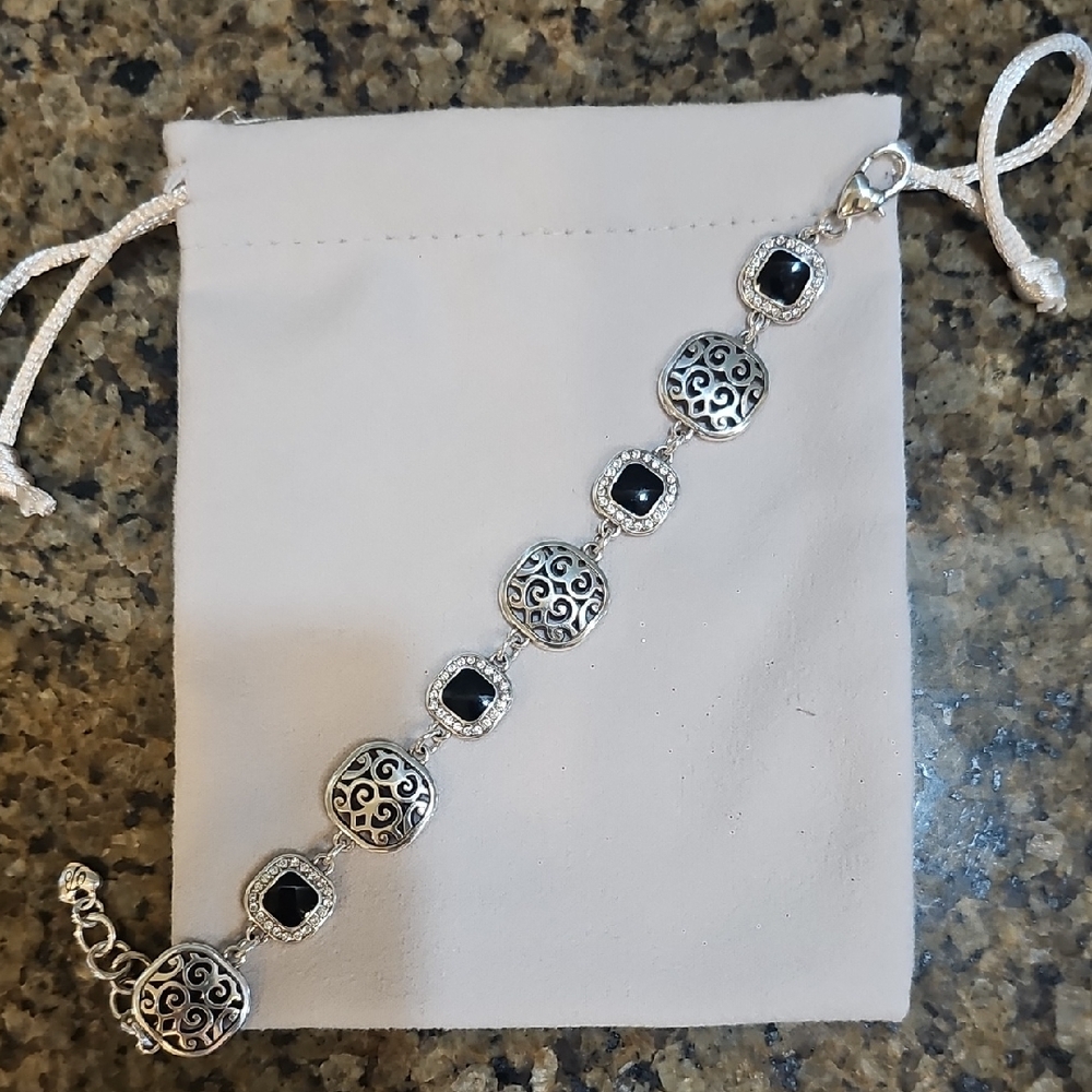 Silver-Tone Filigree Bracelet with Black Accents - Women Jewelry